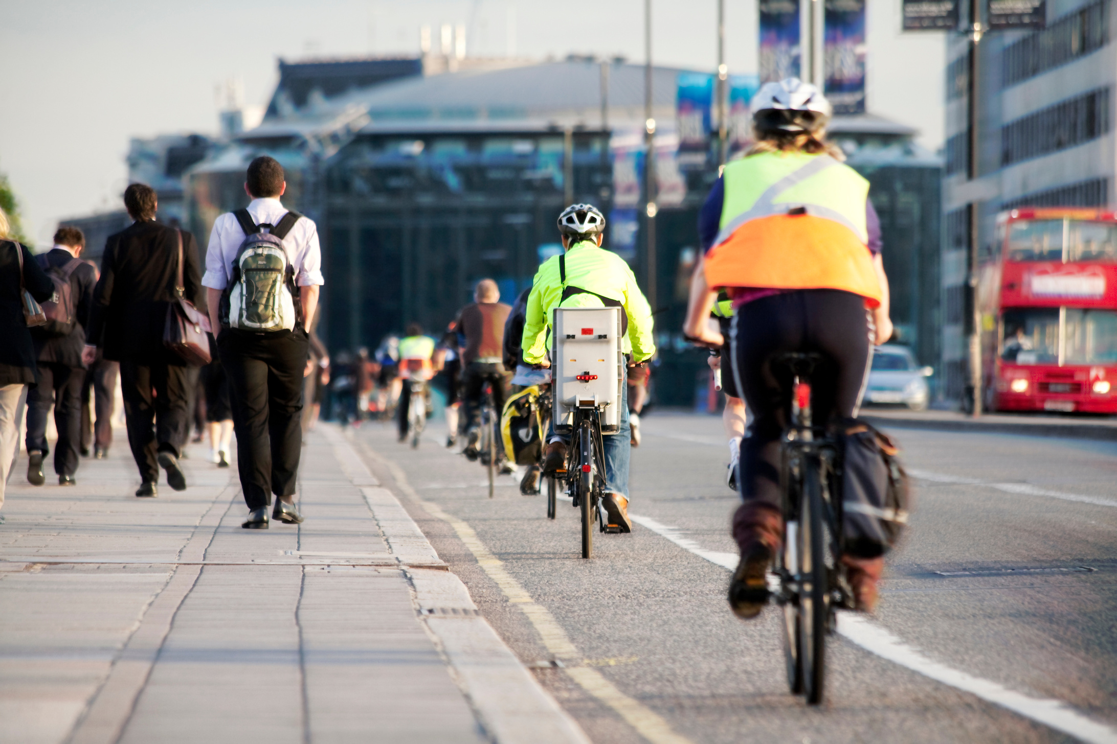 Commuters on foot and cycling